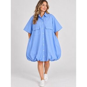 KBB Kahlana Barfield Brown Blue Bubble Hem Shirt Dress XL Cotton Short Sleeve